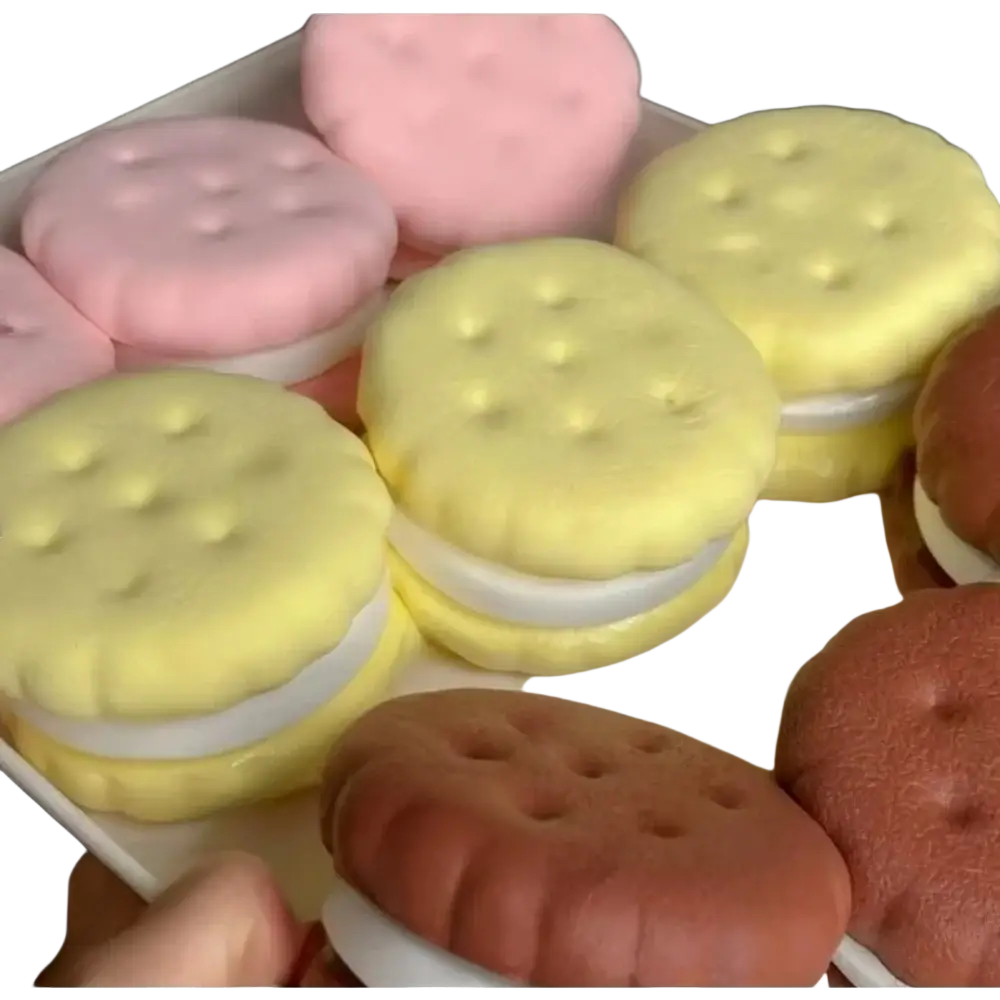 Pastel-colored slow rising big cookie squishy toy in pink yellow and brown silicone with white filling realistic cake design