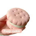 Slow rising big cookie squishy toy in soft pink with strawberry theme and light green filling, featuring a realistic cake texture