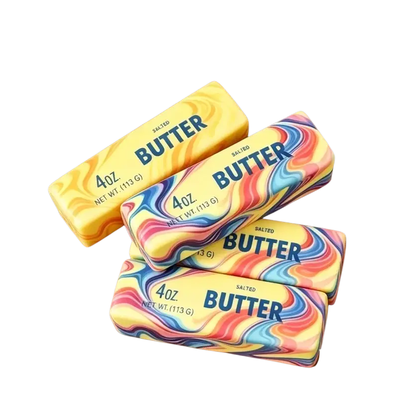 Three colorful swirled salted butter stick stress relief toys with vibrant rainbow patterns and blue lettering on yellow packaging