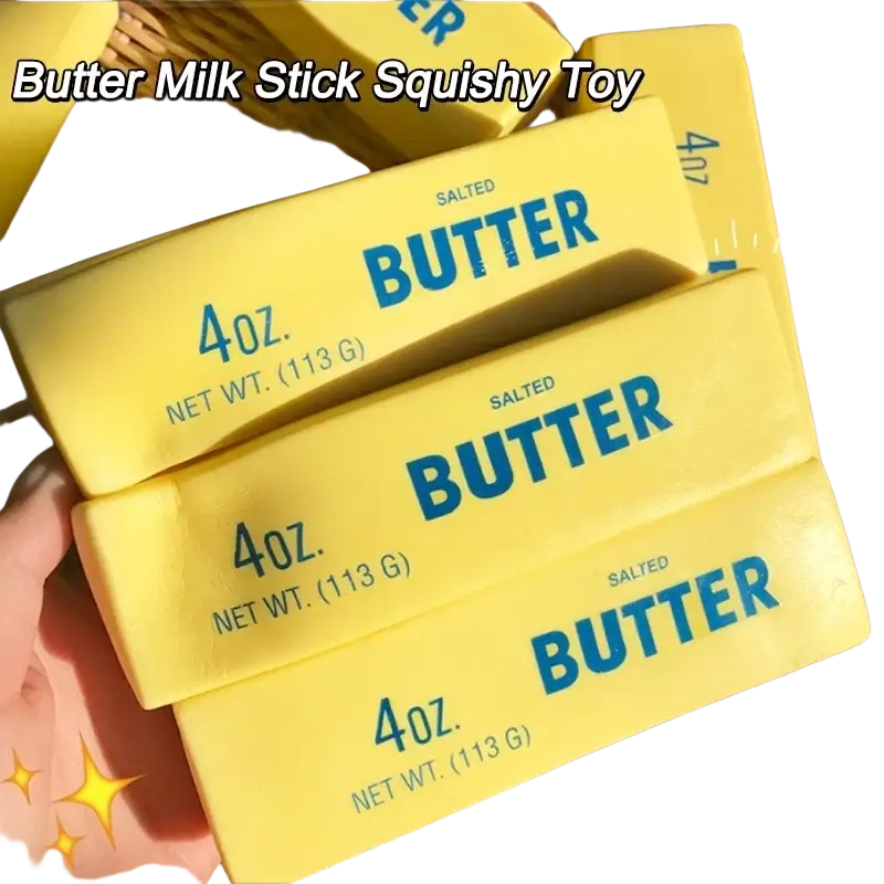 Yellow butter stick slow rising squishy toy with blue lettering for stress relief and sensory play