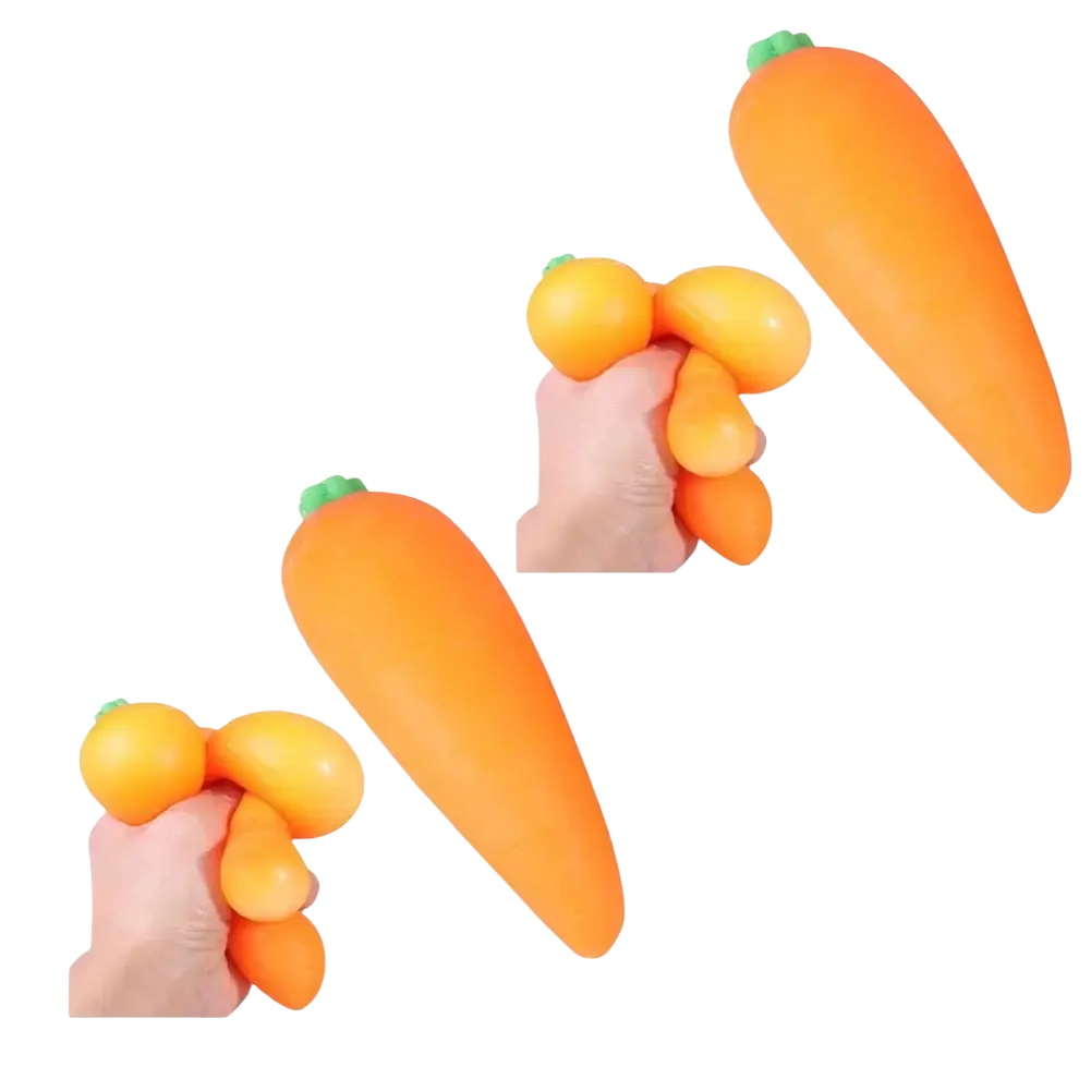 Orange carrot-shaped soft silicone slow rising squishy stress toy with green top for anxiety relief and relaxation
