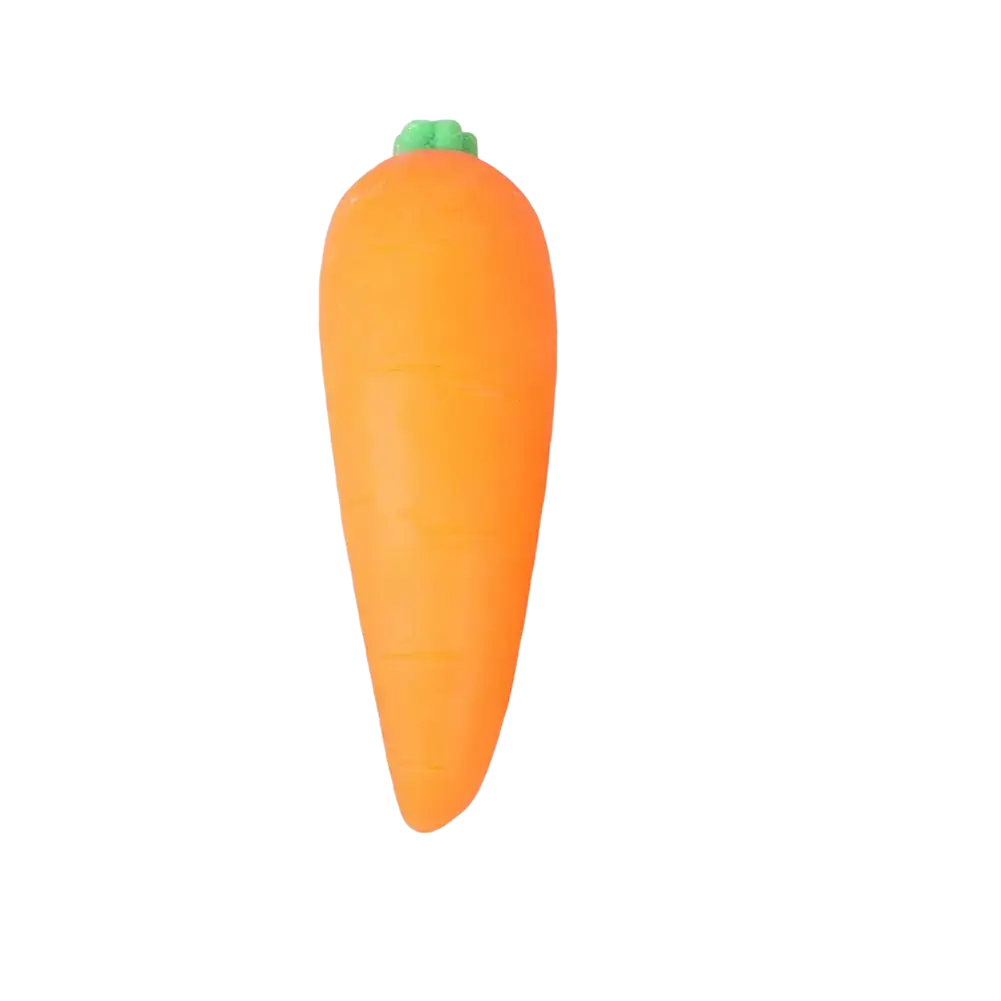 Slow rising carrot squishy stress toy in orange with green top shaped as a soft foam stress ball