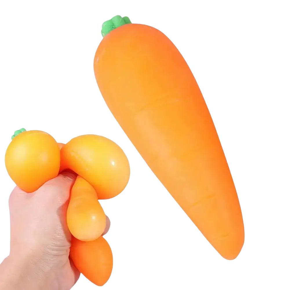 Slow rising carrot squishy stress toy shaped like an orange carrot with a green leafy top for stress relief