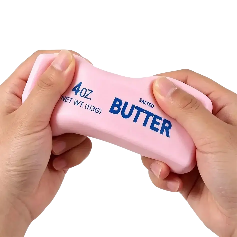 Pink salted butter bar stress relief toy 4 oz net weight slow rising squishy butter squeeze for relaxation