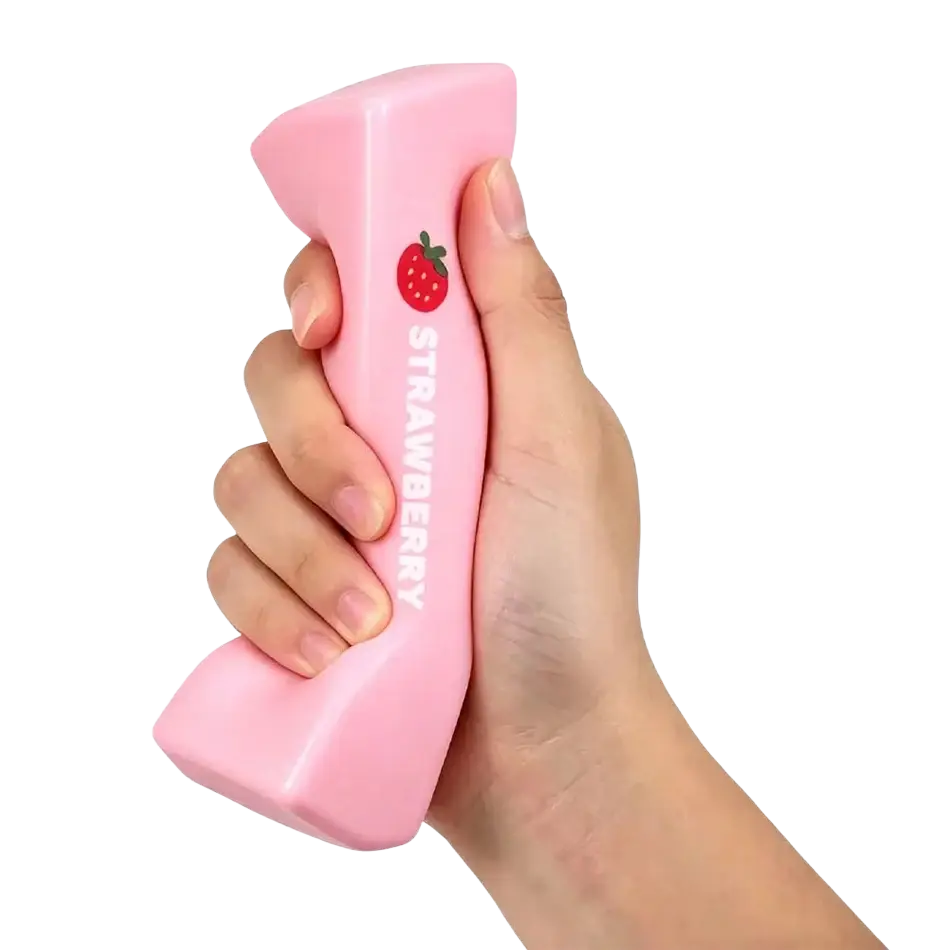 Pink strawberry-themed slow rising squishy butter stress relief toy shaped like a telephone receiver for butter squeeze