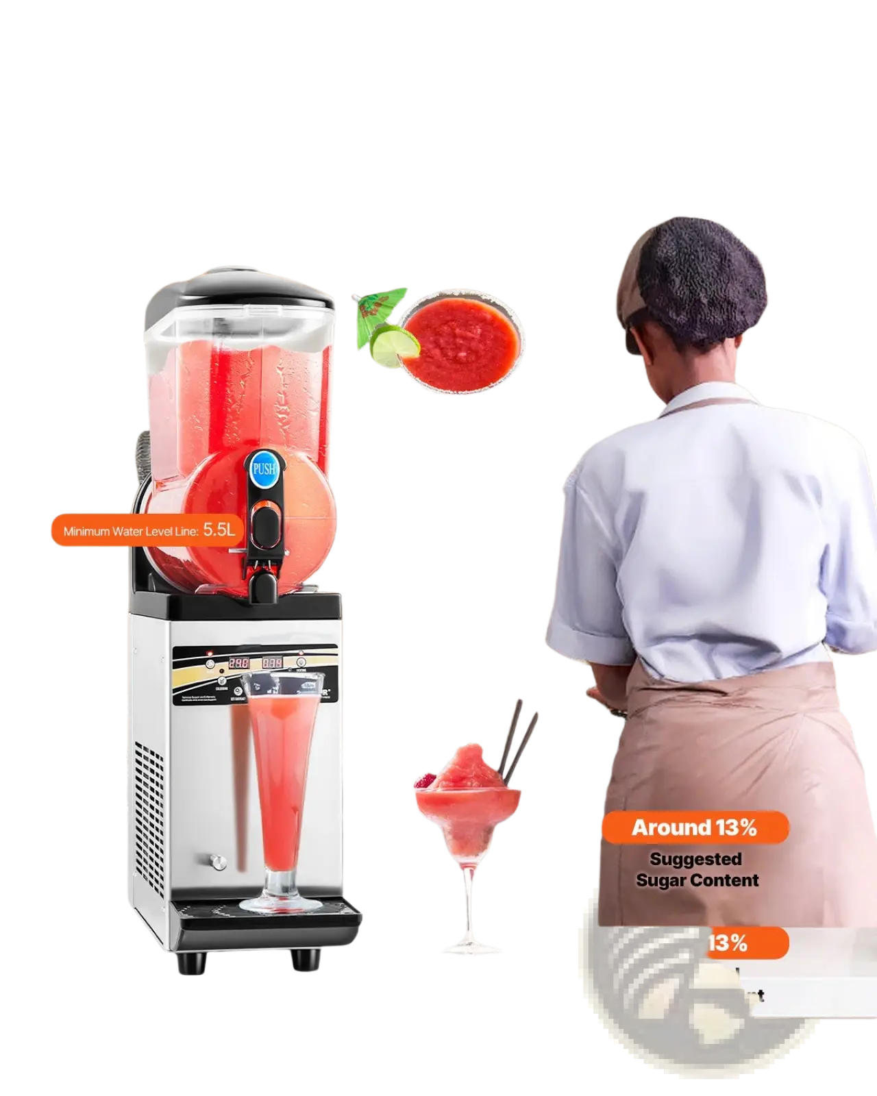 Silver and black 15l commercial slushy machine with transparent tank filled with red frozen drink