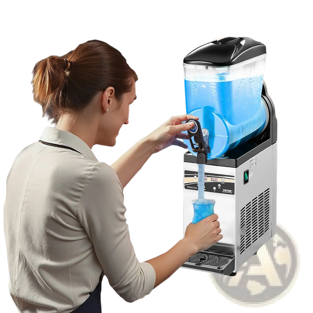 Silver and black commercial slushy machine with transparent blue liquid container for frozen drink making