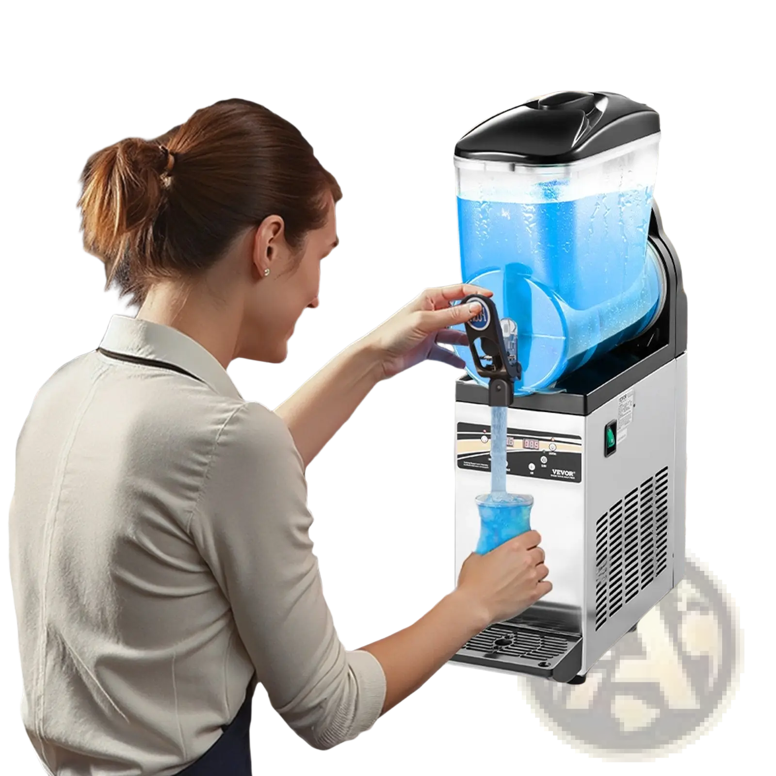 Silver and black commercial slushy machine with transparent blue liquid container for frozen drink making