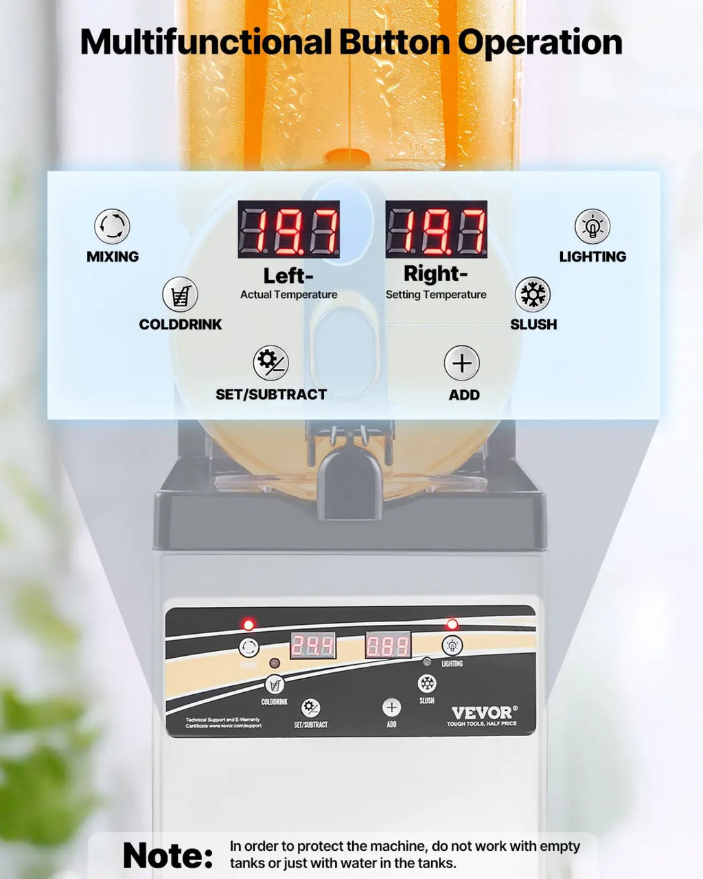 Vevor slushy machine 15l multifunctional cold drink maker with digital display and button controls for mixing and lighting