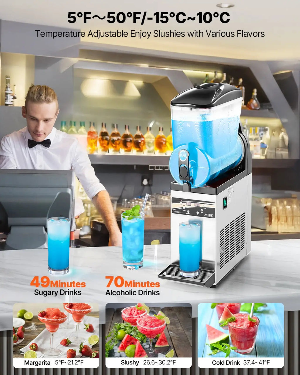 Silver and black countertop slushy machine with transparent blue liquid reservoir for commercial frozen drinks 15l capacity