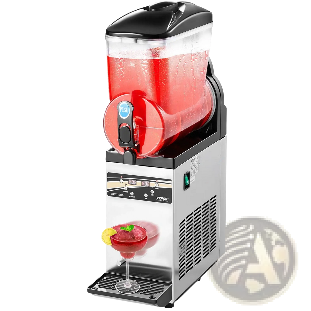Silver and black Vevor slushy machine with 15L transparent red reservoir, digital display panel, and dispensing nozzle