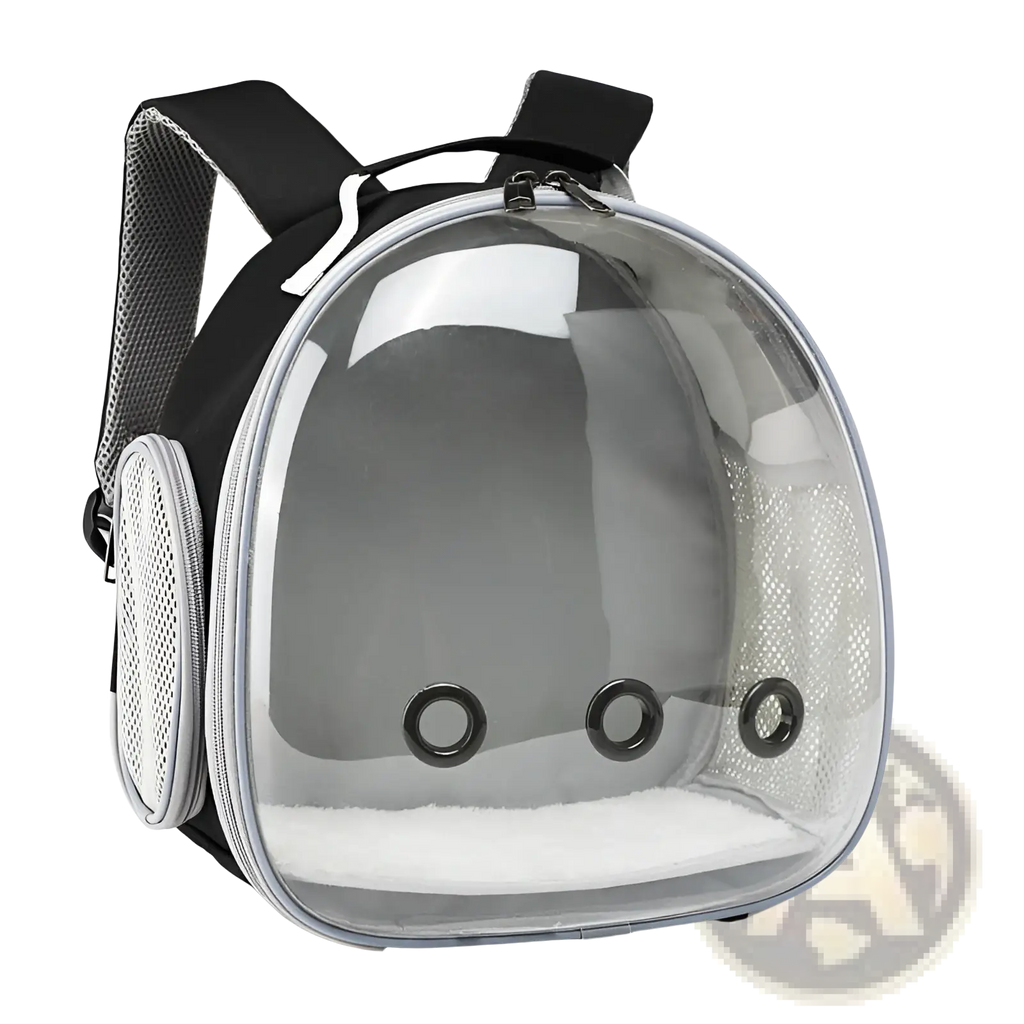 Small animal travel backpack transparent pink carrier with clear plastic body, black straps, mesh panels, and ventilation holes