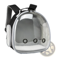 Small animal travel backpack transparent pink carrier with clear plastic body, black straps, mesh panels, and ventilation holes