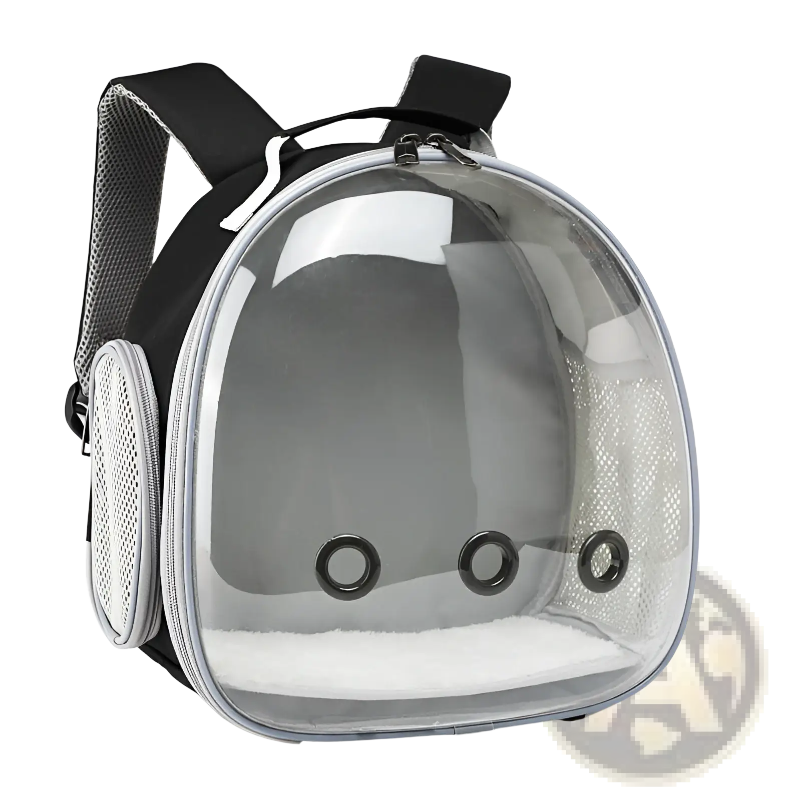 Small animal travel backpack transparent pink carrier with clear plastic body, black straps, mesh panels, and ventilation holes