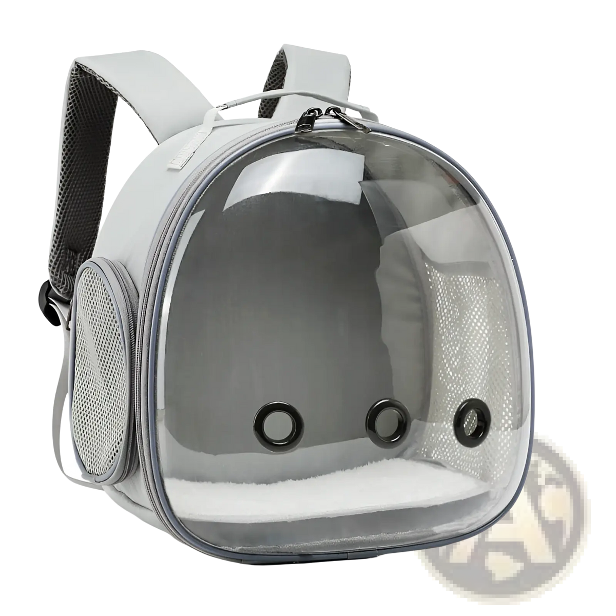 Small animal travel backpack transparent pink carrier with clear front panel, gray mesh, and padded straps for comfort