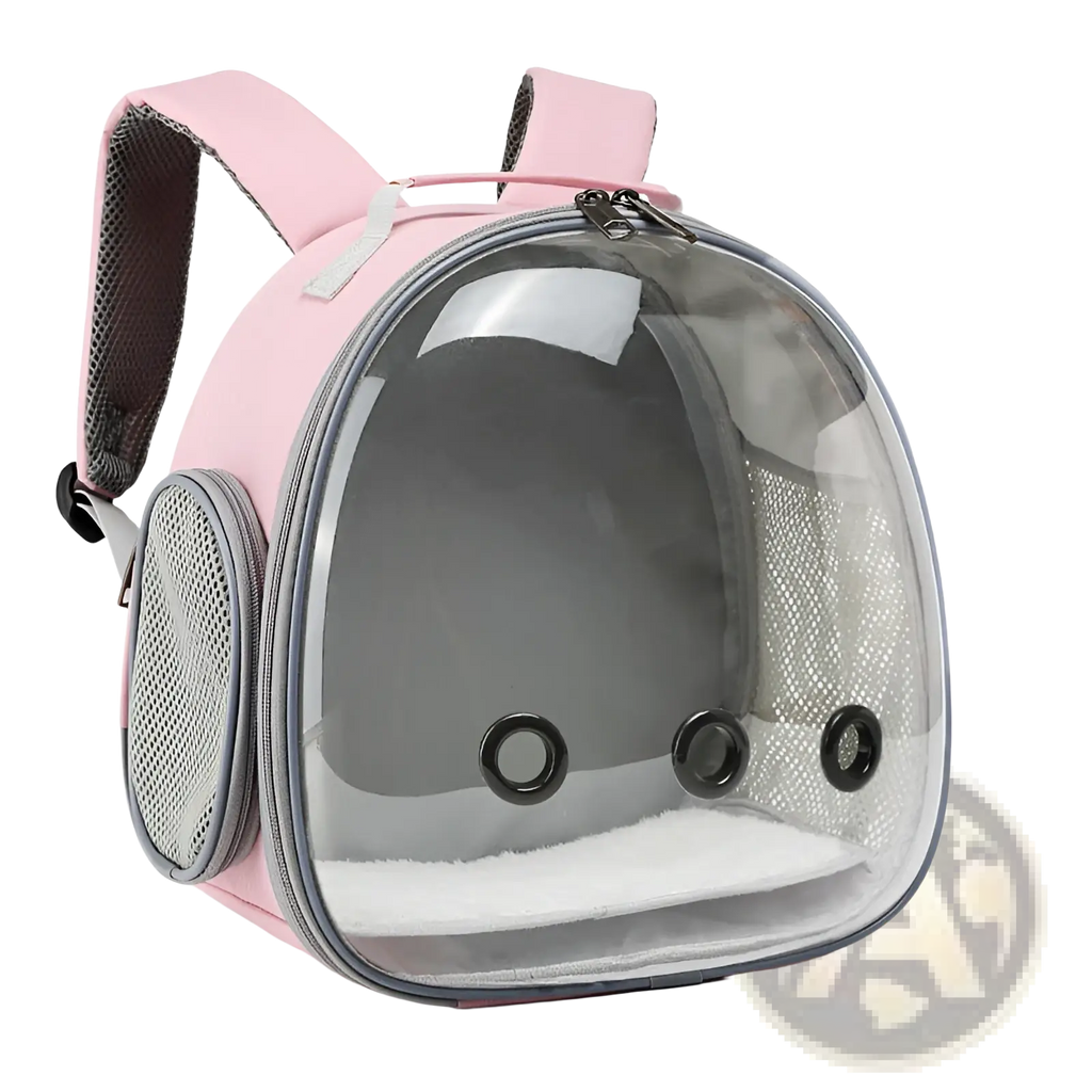 Small animal travel backpack transparent pink carrier with dome window and mesh side panels for ventilation