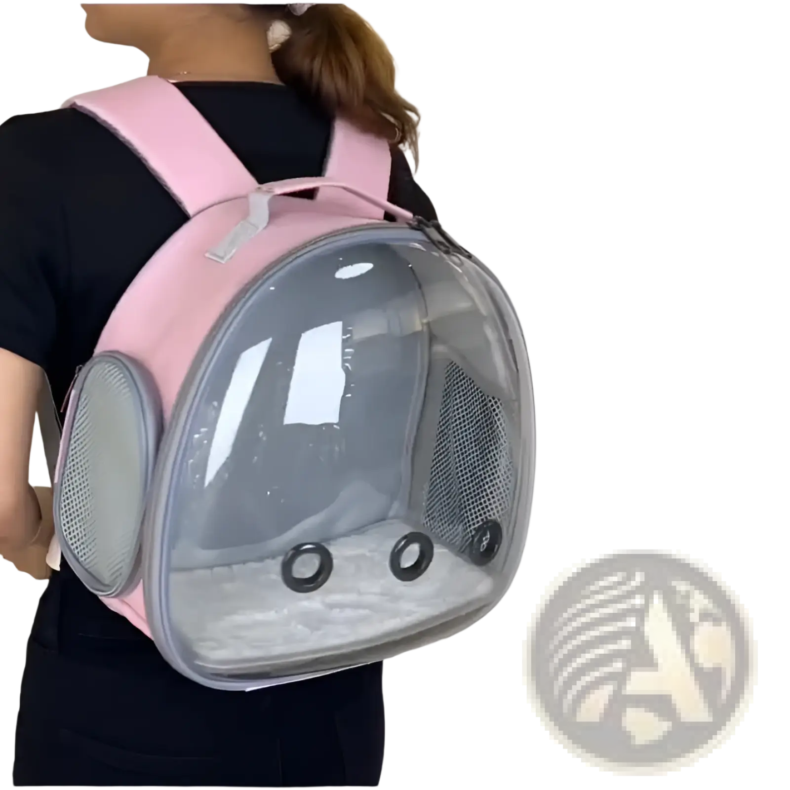 Small animal travel backpack in pink with transparent dome and mesh side panels for easy ventilation and viewing