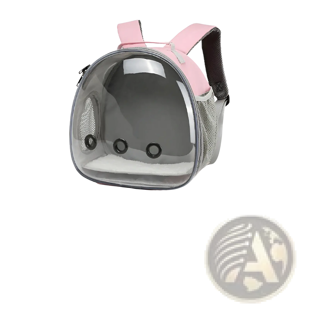 Small animal travel backpack transparent pink carrier with gray accents, mesh side panels, and black circular eye cutouts