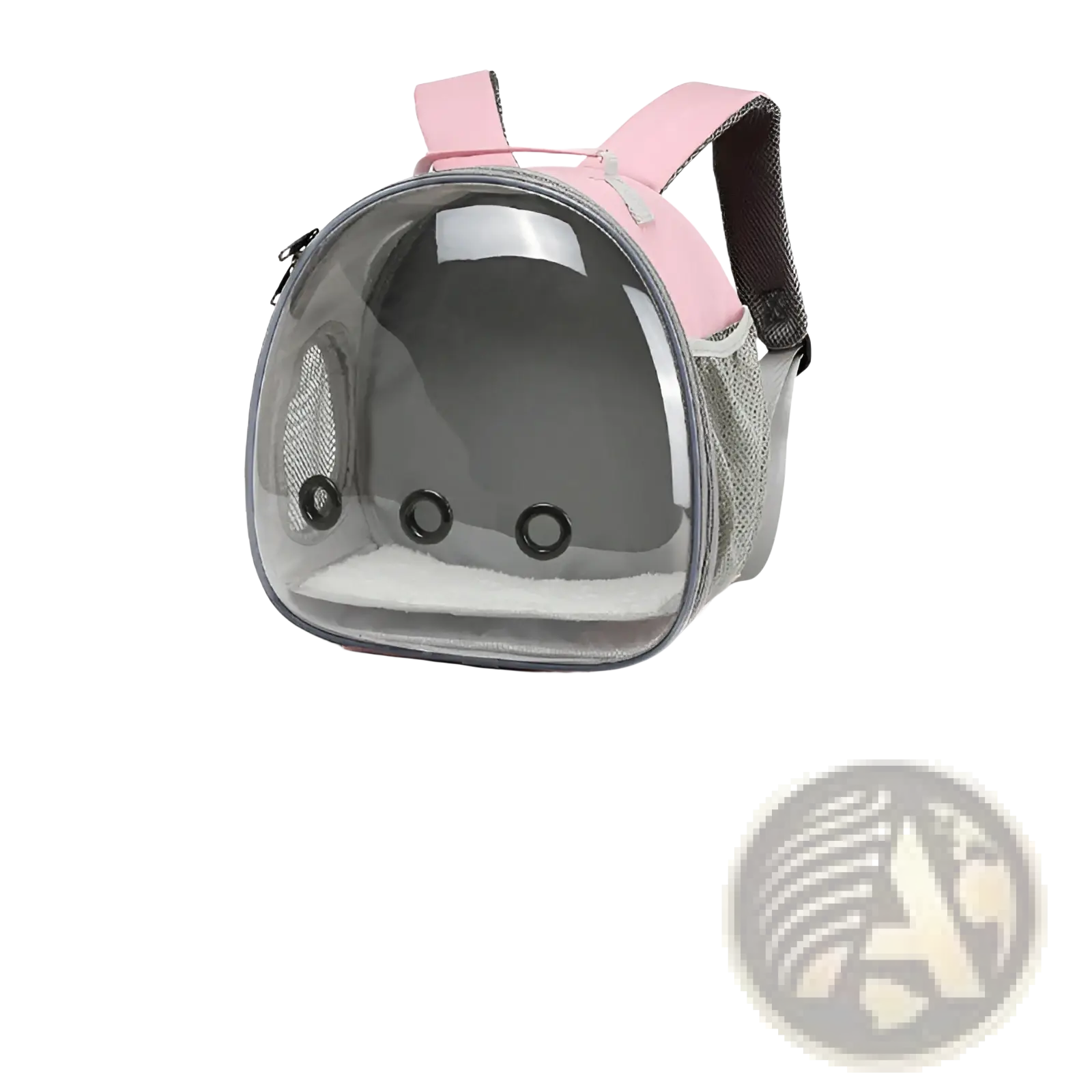 Small animal travel backpack transparent pink carrier with gray accents, mesh side panels, and black circular eye cutouts
