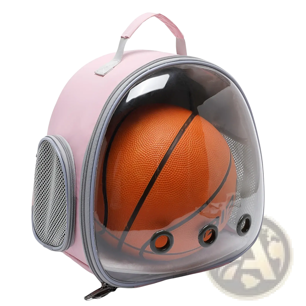 Small animal travel backpack transparent pink carrier with clear dome front showing an orange basketball inside