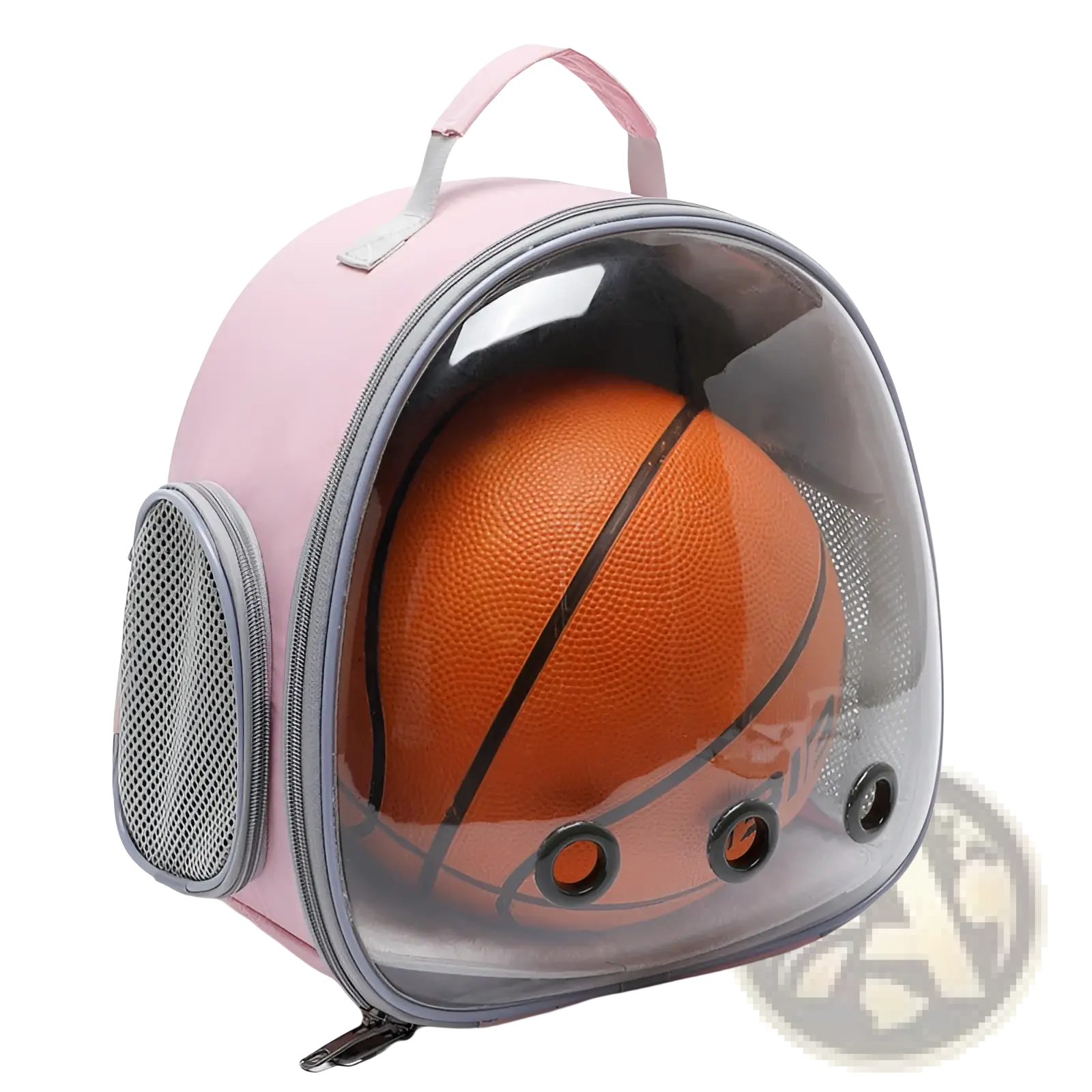 Small animal travel backpack transparent pink carrier with clear dome front showing an orange basketball inside