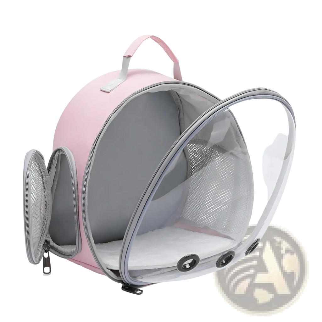Small animal travel backpack transparent pink carrier with mesh sides and gray interior featuring soft white cushion