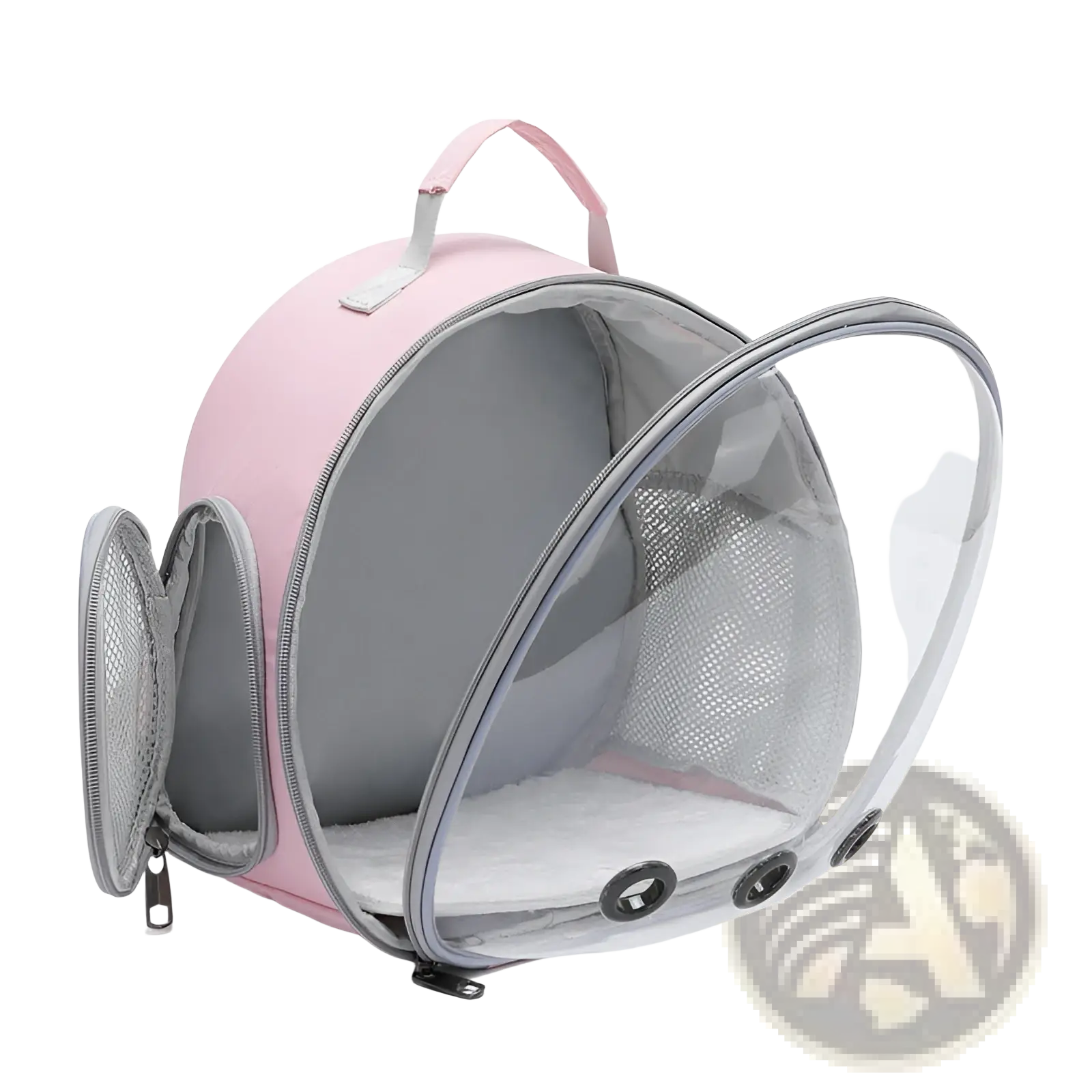 Small animal travel backpack transparent pink carrier with mesh sides and gray interior featuring soft white cushion