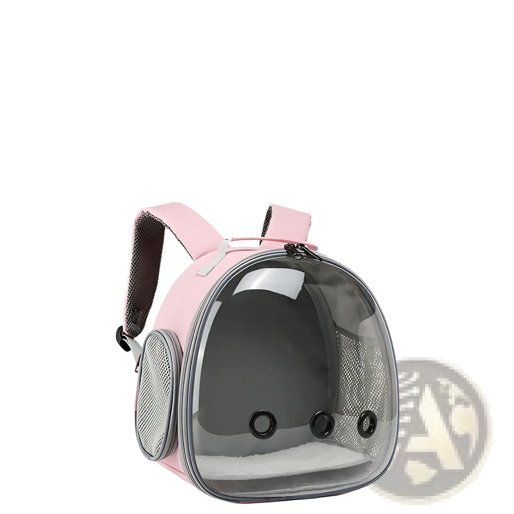 Small animal travel backpack featuring a transparent front panel and mesh sides in pink for easy transport
