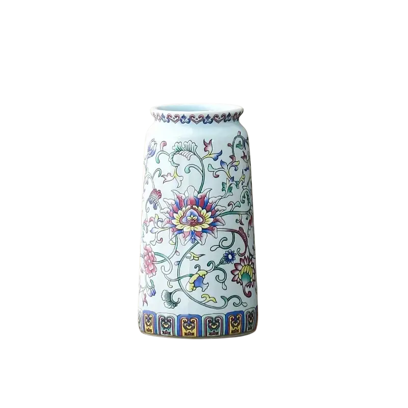 Small ceramic enamel vase vintage chinese floral porcelain with delicate pink blue and yellow intricate patterns on light blue background