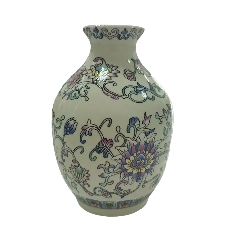 Small ceramic enamel vase vintage Chinese floral porcelain with delicate pastel purple blue and green patterns on white