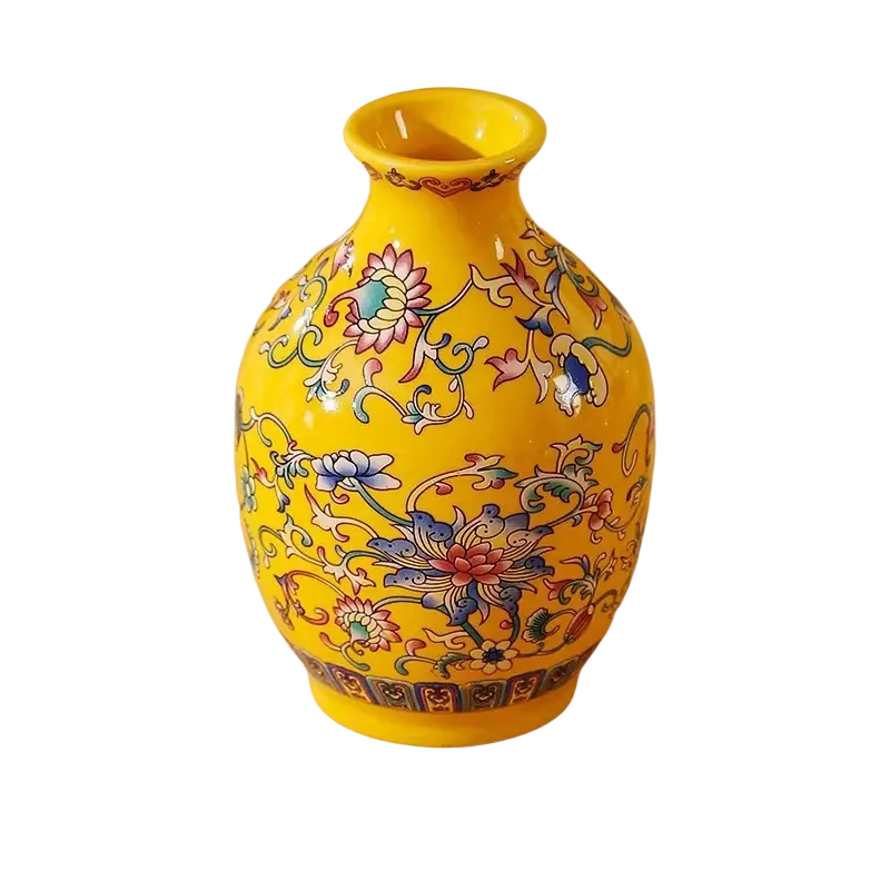 Small ceramic enamel vase vintage Chinese floral porcelain in vibrant yellow with pink blue green and gold patterns