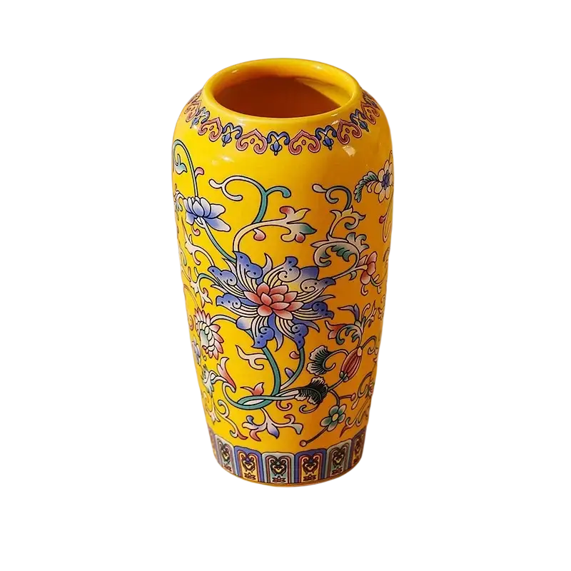 Small ceramic enamel vase vintage Chinese floral porcelain with vibrant yellow base and intricate blue pink green patterns