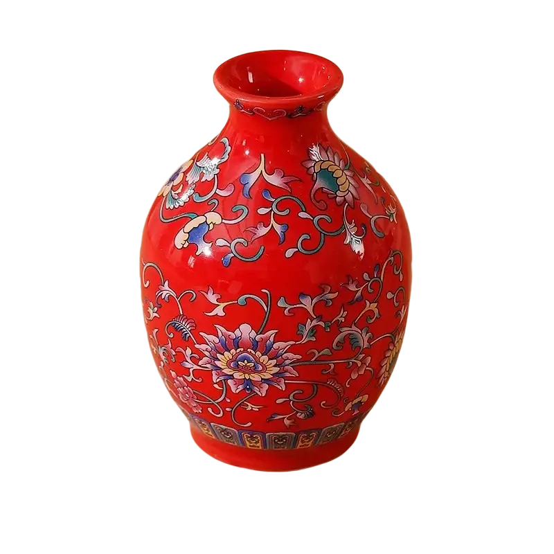 Small ceramic enamel vase vintage Chinese floral porcelain in vibrant red with blue pink and gold intricate patterns