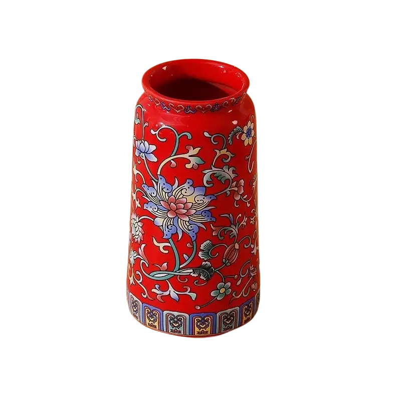 Small ceramic enamel vase vintage chinese floral porcelain in vibrant red with intricate blue pink and green floral patterns