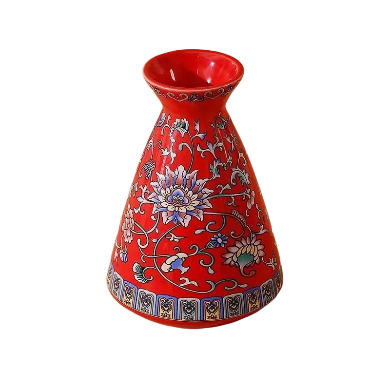 Small ceramic enamel vase vintage chinese floral porcelain with vibrant red ceramic and blue white floral patterns