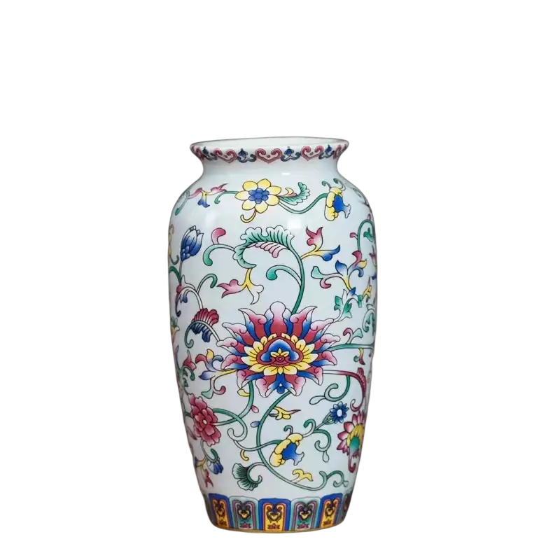 Small ceramic enamel vase vintage chinese floral porcelain white ceramic with vibrant hand-painted pink blue yellow green flowers