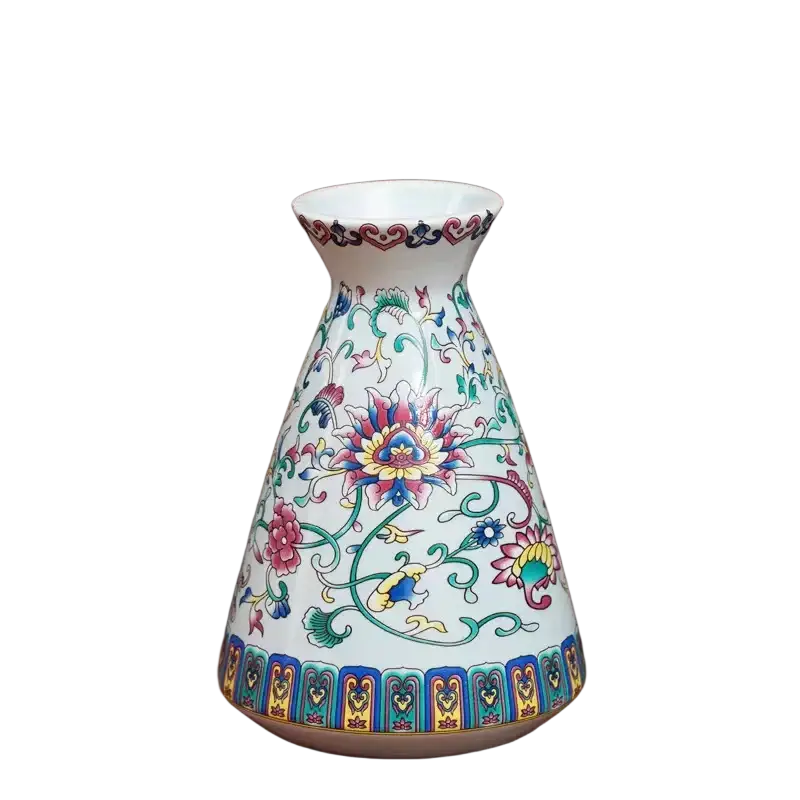 Small ceramic enamel vase vintage Chinese floral porcelain with white ceramic and vibrant hand-painted floral patterns