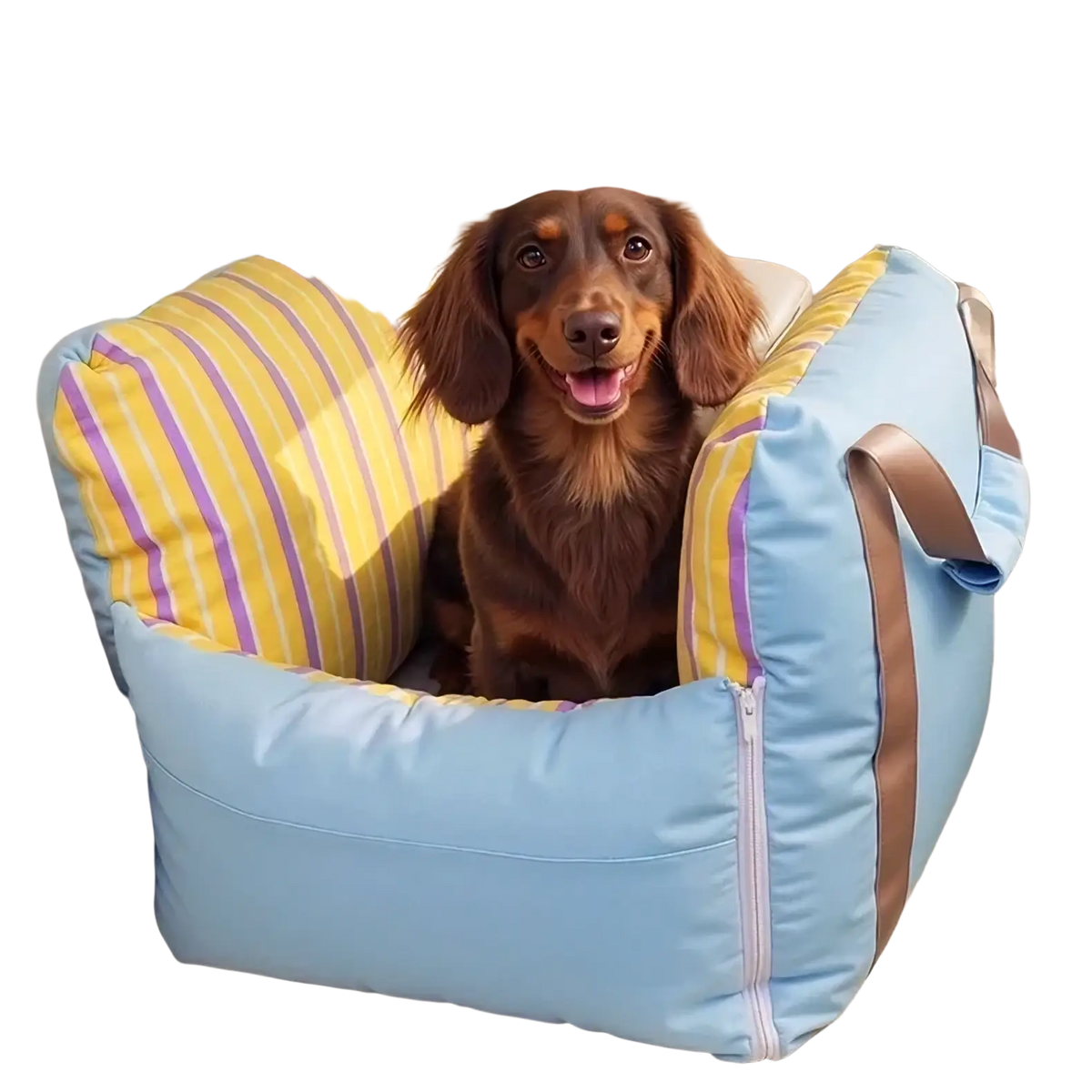 Blue and yellow striped small dog car seat with brown straps designed as a travel bed for small dogs