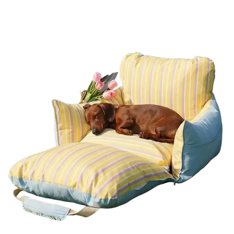 Yellow and light blue striped cushioned small dog car seat and travel bed with soft plush fabric finish