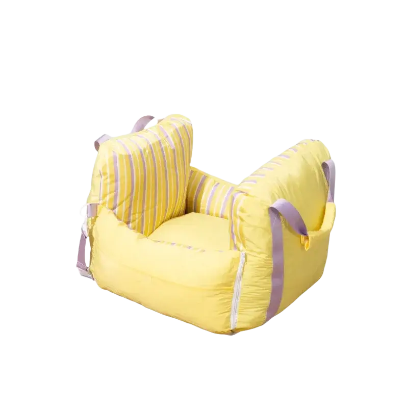 Yellow pet car seat with striped cushion and purple straps designed for small dogs travel and safety