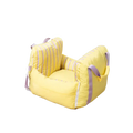 Yellow pet car seat with striped cushion and purple straps designed for small dogs travel and safety