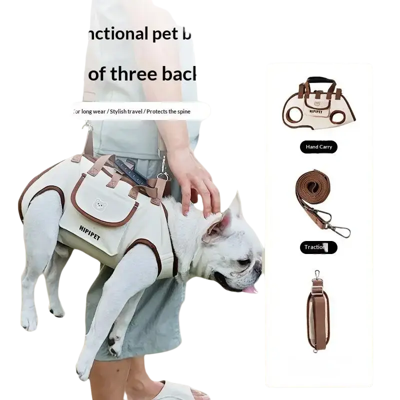 Beige and brown small dog carrier backpack made of oxford cloth with adjustable straps for comfortable long wear