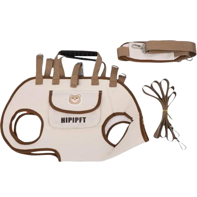 Beige and brown small dog carrier backpack in oxford cloth with bear face patch black handle grip and matching leash