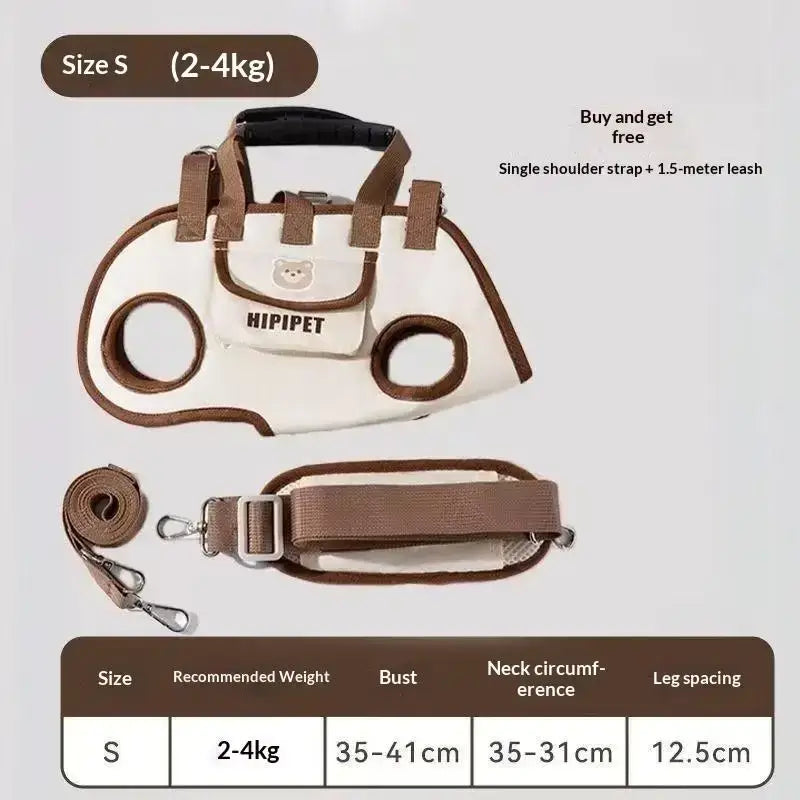 Cream-colored and brown oxford cloth small dog carrier backpack with fabric pet harness and cat face logo on front pocket