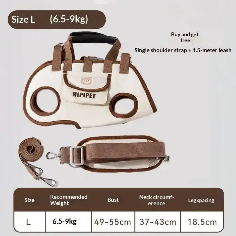 Cream-colored and brown fabric small dog carrier backpack with bear face patch made of durable oxford cloth for dogs 6.5-9kg
