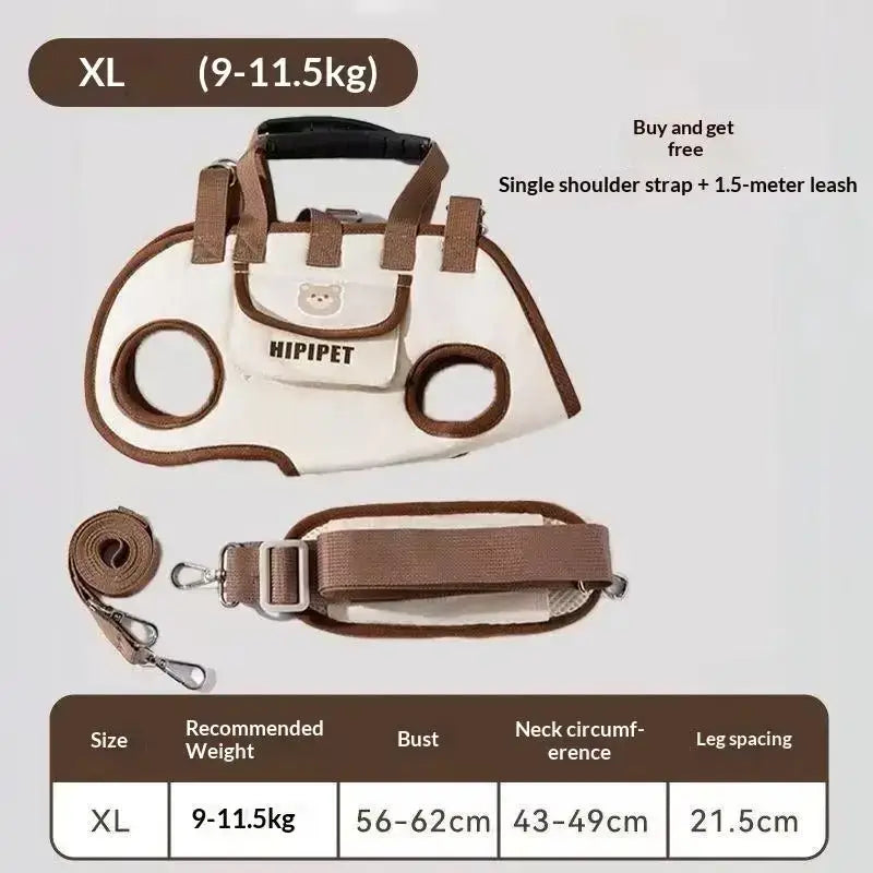 Cream-colored and brown small dog carrier backpack made of durable oxford cloth with a cute bear face patch