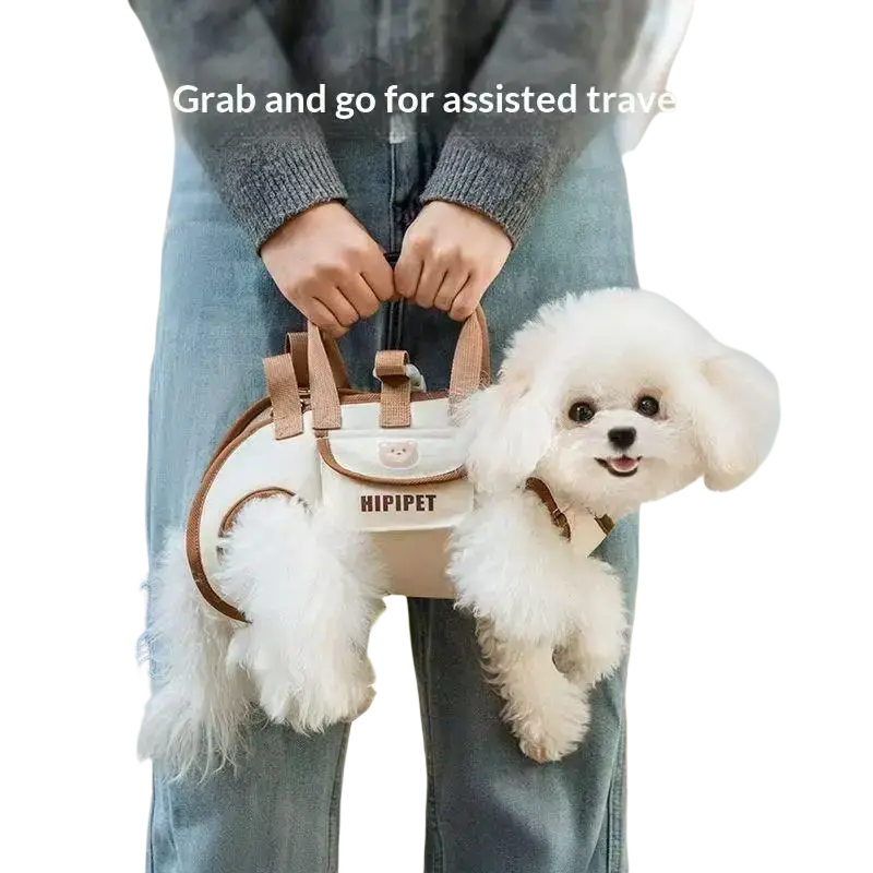 Cream-colored small dog carrier backpack made of oxford cloth with tan leather straps and a pig face design