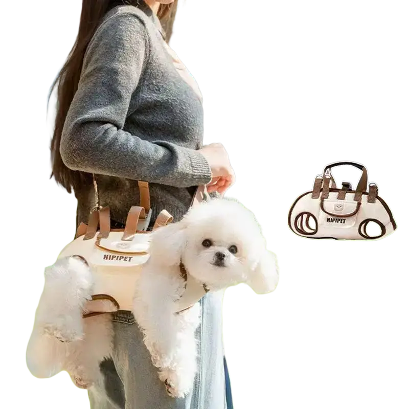 Small dog carrier backpack in white and brown oxford cloth with soft padded design for comfortable pet transport