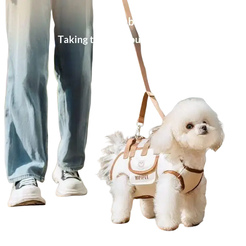 White and tan leather harness with hipipet branding on a small dog carrier backpack made of oxford cloth