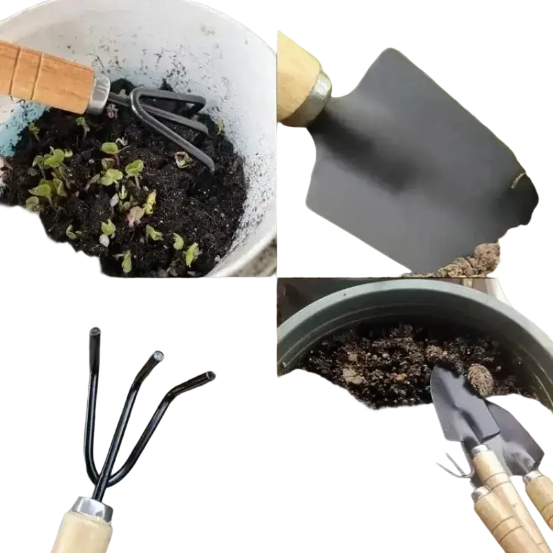 Black metal garden trowel with light wood handle from small gardening tools set for precise garden shovel tasks